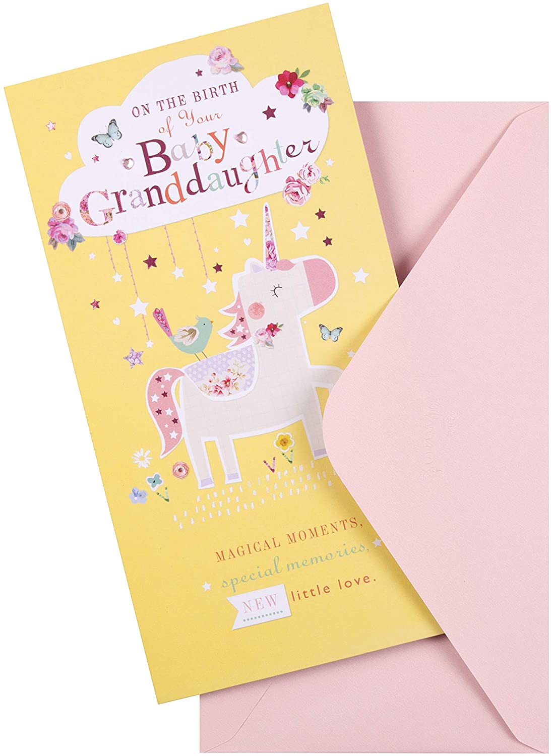 Hallmark New Granddaughter Birth Congratulations Card - Cute Unicorn Design with Pink Foil Details and Gem Attachments - Image 2