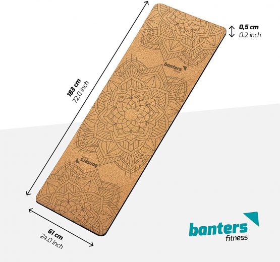 banters Cork Yoga Mat, Eco-Friendly Cork + Natural Rubber, Non-Slip Print, with Carrying Strap - Image 3