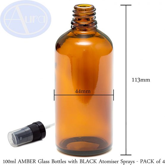PACK of 4 - 100ml AMBER GLASS Bottles with Black ATOMISER Sprays. Essential Oil / Aromatherapy Use - Image 2