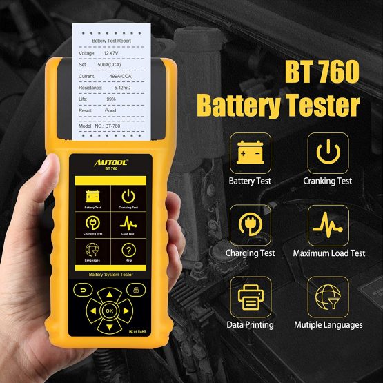 AUTOOL BT-760 12V/24V Auto Battery Load Tester Built-in Thermal Printer with 3PCS Thermal Paper for All Cars Charging System Diagnostic Tool - Image 2