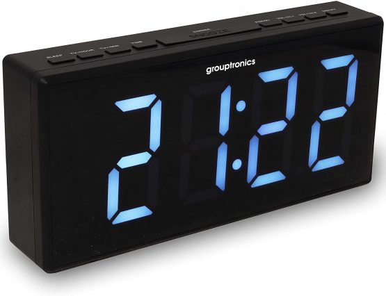 Grouptronics Large Digital Alarm Clock Radio - Mains Powered, 9" Large Display Clock, Bedside or Kitchen, Non Ticking, Dual Alarm, Brightness Control, Battery Back-Up - Black