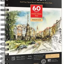 Arteza 14 x 21.6 cm Mixed Media Sketch Book, 60 Sheets, 180gsm, Micro-Perforated, Spiral-Bound Pad, Art Supplies for Wet and Dry Media, Sketching, Drawing, and Painting