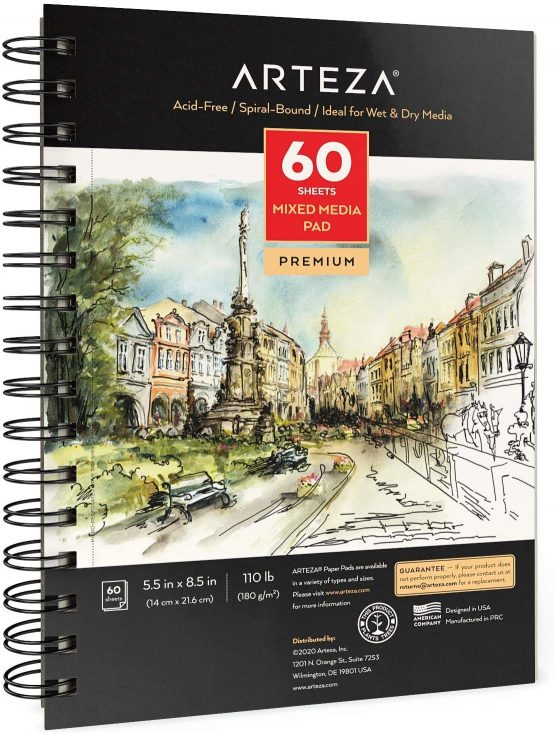 Arteza 14 x 21.6 cm Mixed Media Sketch Book, 60 Sheets, 180gsm, Micro-Perforated, Spiral-Bound Pad, Art Supplies for Wet and Dry Media, Sketching, Drawing, and Painting