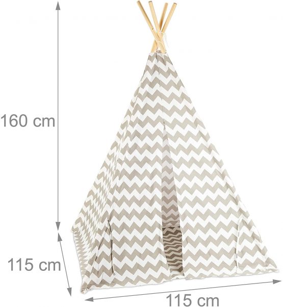 Relaxdays 10028907 Teepee, Play Tent with Flooring, Includes Bag, Wigwam for Kids, HxWxD: 160 x 115 x 115 cm, Grey, White-Gray - Image 4