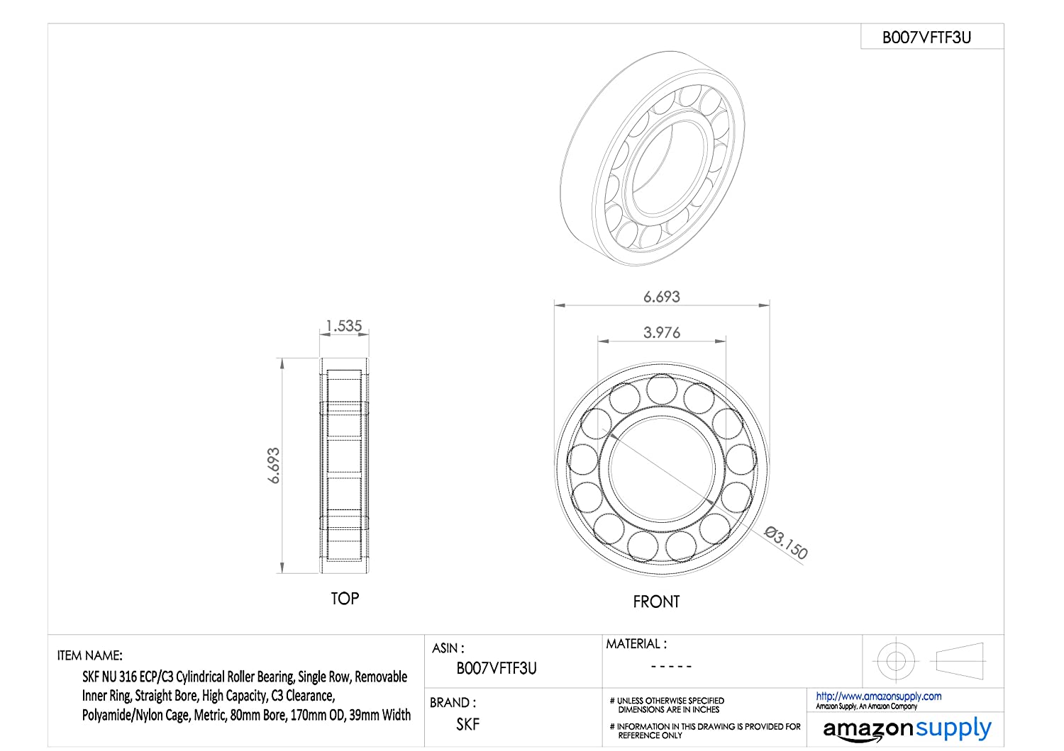 SKF Cylindrical Radial Roller Bearing, 80 ID, Bearing steel - Image 2