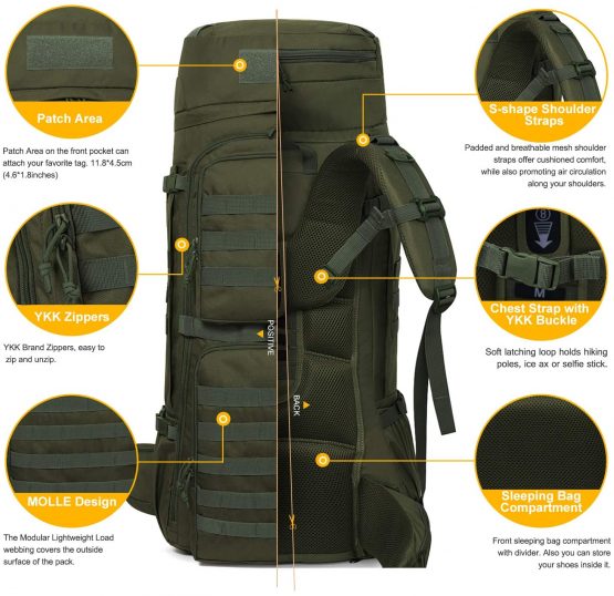 Mardingtop 55/75L Tactical Backpack Large Hiking Camping Military Rucksack Patrol Pack with Rain Cover for Outdoor Trekking Mountaineering Hunting - Image 3