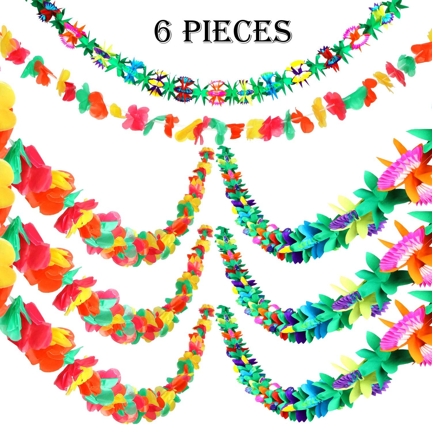 WILLBOND 6 Pieces Long Tropical Flower Garland Multicolored Paper Tissue Garland Hawaiian Flower Garland for Luau Hawaiian Themed Party Supplies