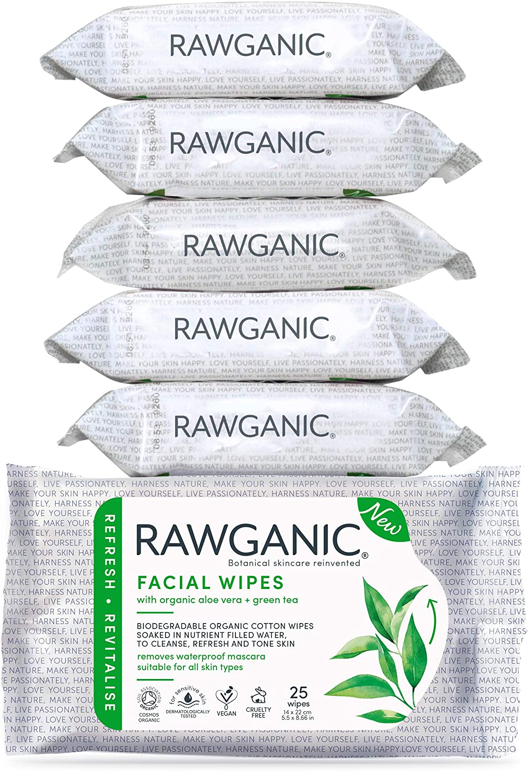 RAWGANIC Pure Cleansing Refreshing Facial Wipes with Aloe Vera and Green Tea, 25 count (Pack of 6)