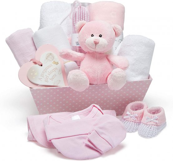 Baby Gift Set in Pink - with Fleece, Hooded Towel, Baby Clothes, 2 Muslin Cloths and Cute Pink Teddy Bear - Image 2