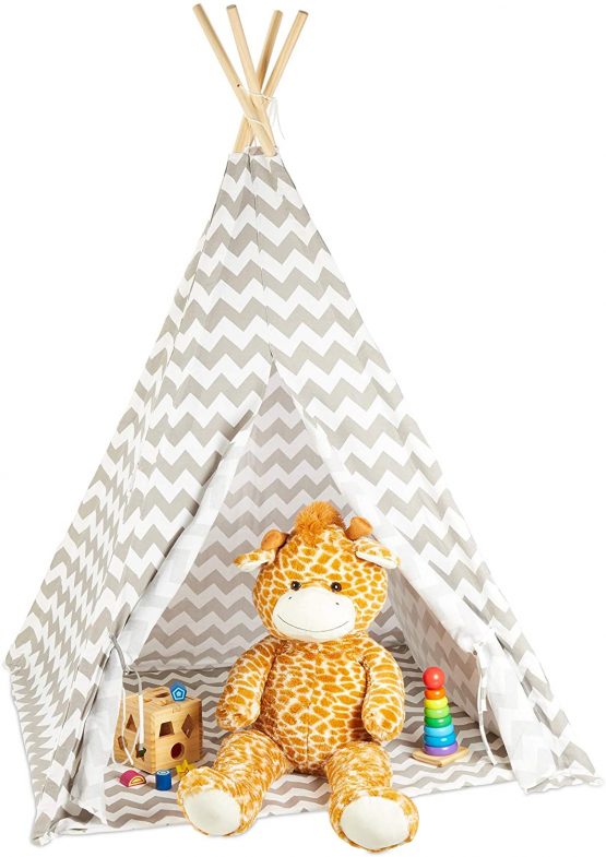 Relaxdays 10028907 Teepee, Play Tent with Flooring, Includes Bag, Wigwam for Kids, HxWxD: 160 x 115 x 115 cm, Grey, White-Gray