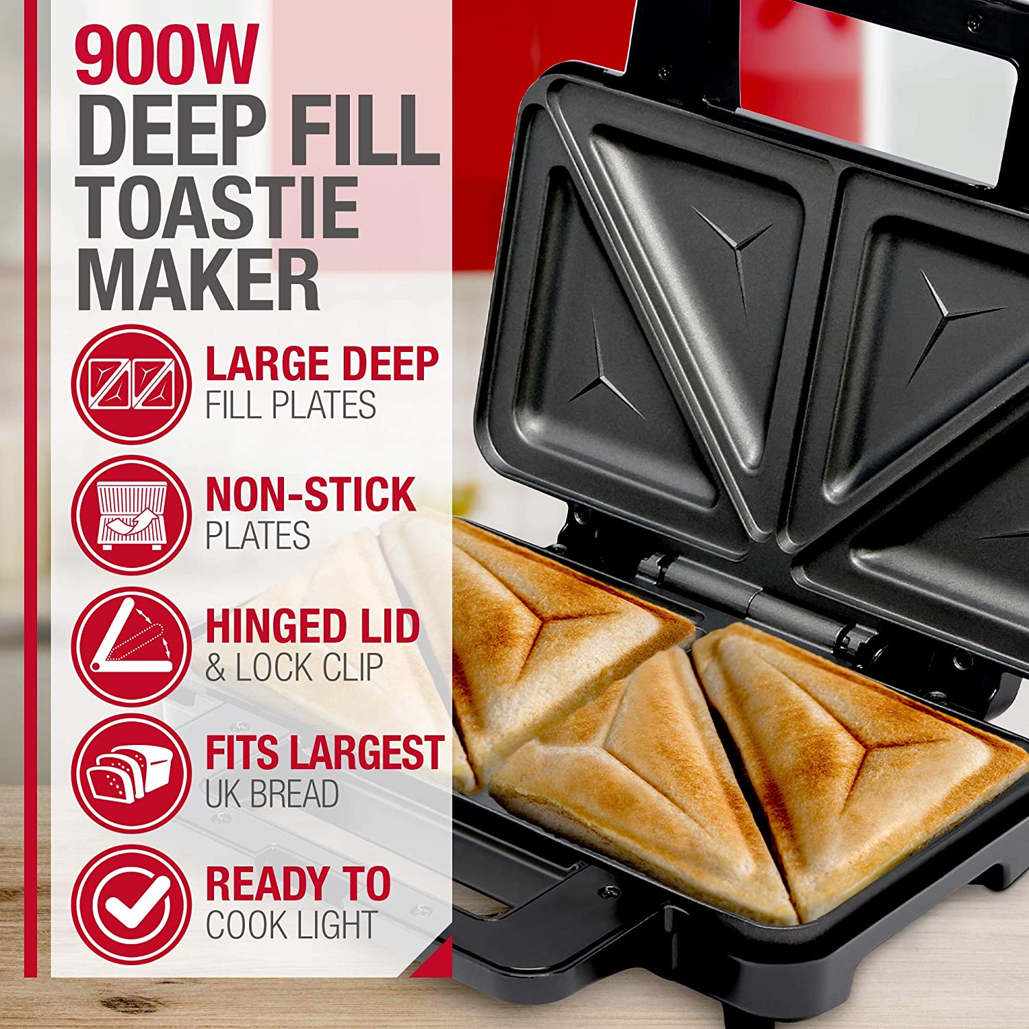 NETTA Deep Fill Toastie Maker, 2 Slice Sandwich Toaster, Easy to Clean, Extra Deep Non-Stick Plates, Non-Slip Rubber Feet - Image 2