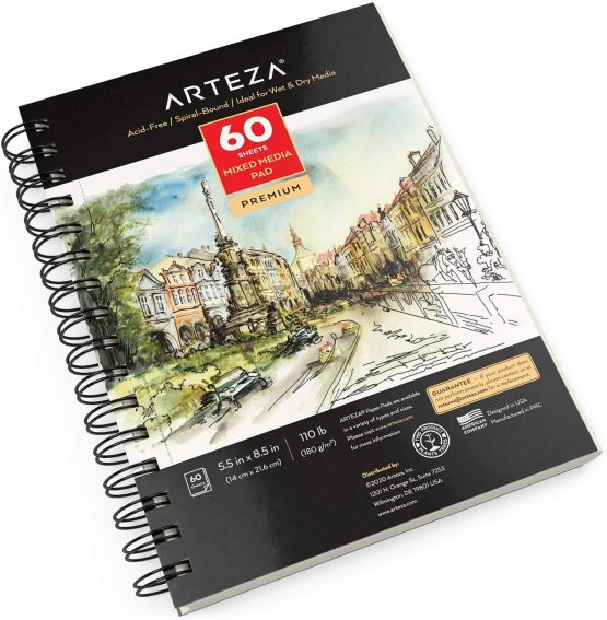 Arteza 14 x 21.6 cm Mixed Media Sketch Book, 60 Sheets, 180gsm, Micro-Perforated, Spiral-Bound Pad, Art Supplies for Wet and Dry Media, Sketching, Drawing, and Painting - Image 2