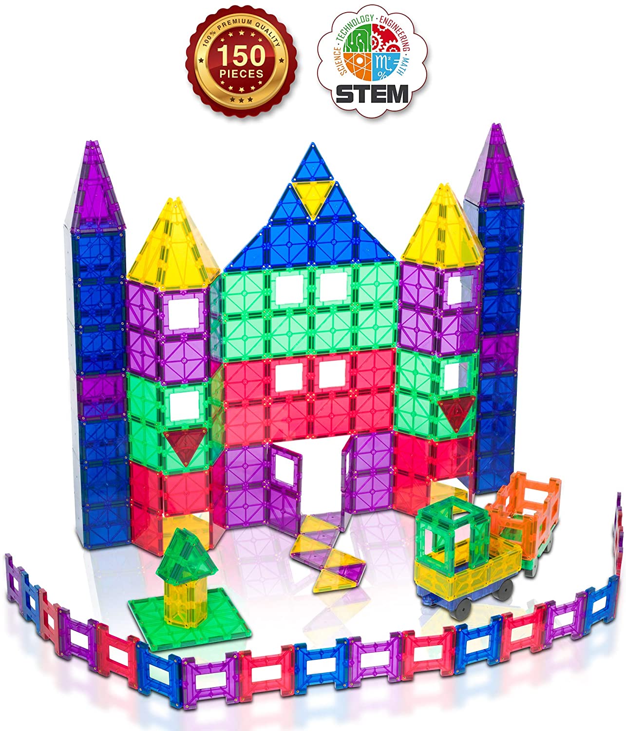 Playmags 150 Pcs Magnetic Tiles Set for Kids, Colorful Stronger Magnets, 3D Magnetic Building Blocks