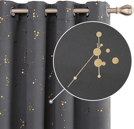 Deconovo Eyelet Thermal Insulated Curtains, Blackout Curtains, Gold Constellation Printed Curtains for Baby Nursery, 66 x 72 Inch(Width x Length), Light Grey, 2 panels