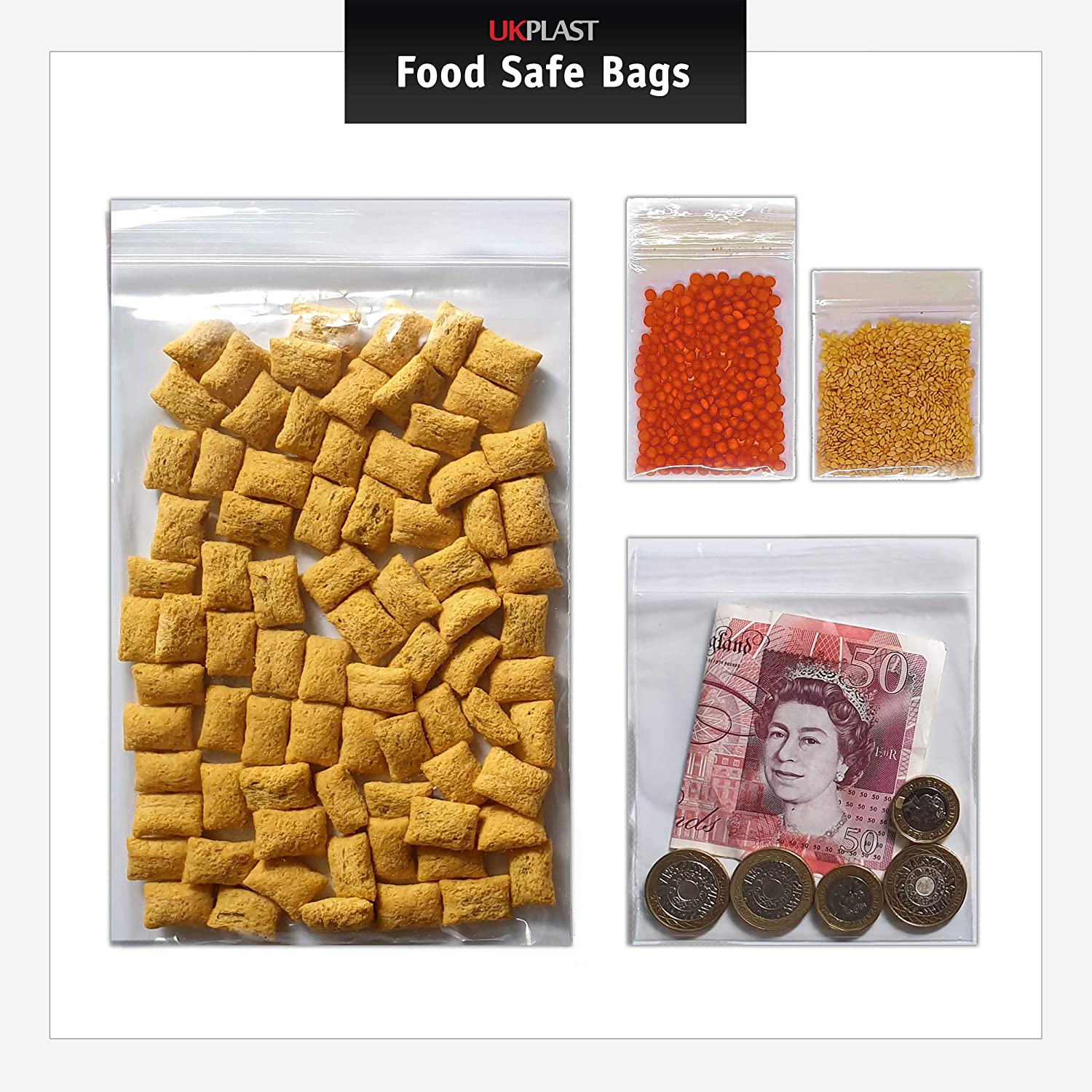100 Medium UKPLAST Grip Seal Bags, 4.5"x4.5" / 11.5x11.5cm Resealable Clear Plastic Bags for Food,Kitchen Storage,Packaging - Image 3