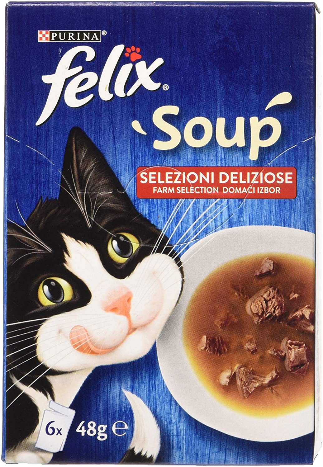 PURINA FELIX Delicious Selections Cat Soup with Beef, Chicken, Lamb - 48 bags of 48g each (8 packs of 6x48g)