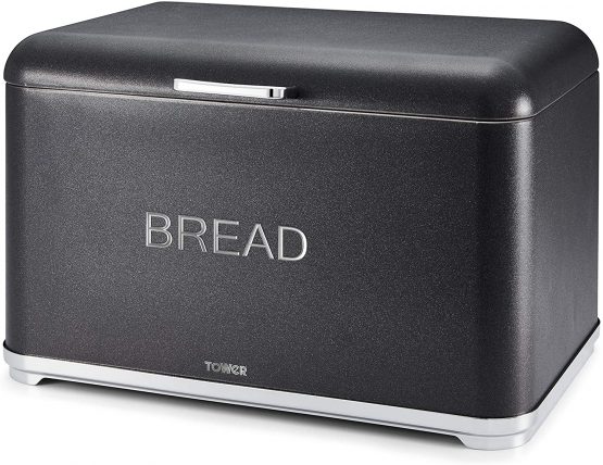 Tower T826014B Kitchen Bread Bin, Glitz Range, Coated Steel with Chrome Accents, Noir, One Size