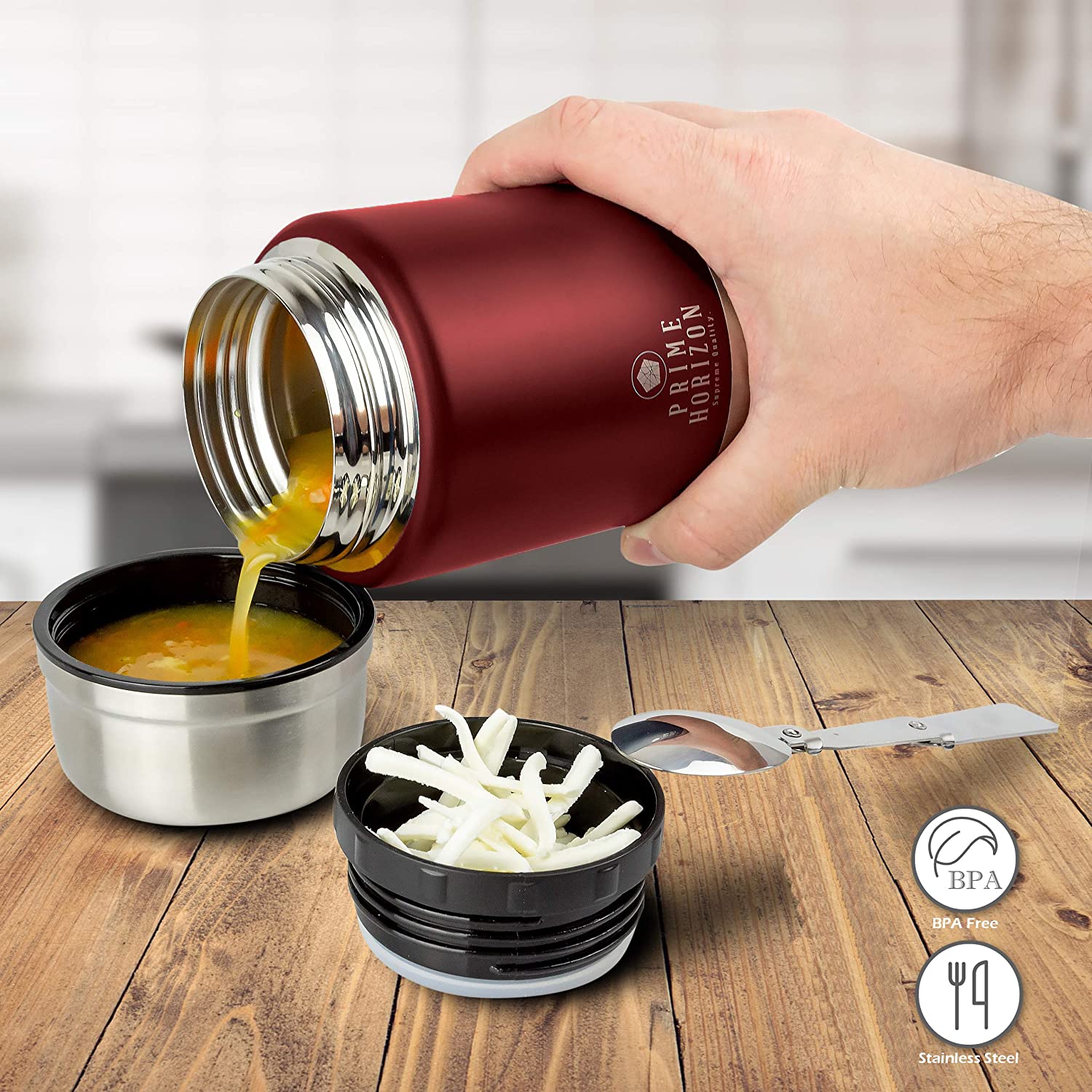 Prime Horizon Food Flask, 500ml Stainless Steel Vacuum Double Wall Jar with Folding Spoon - Image 2