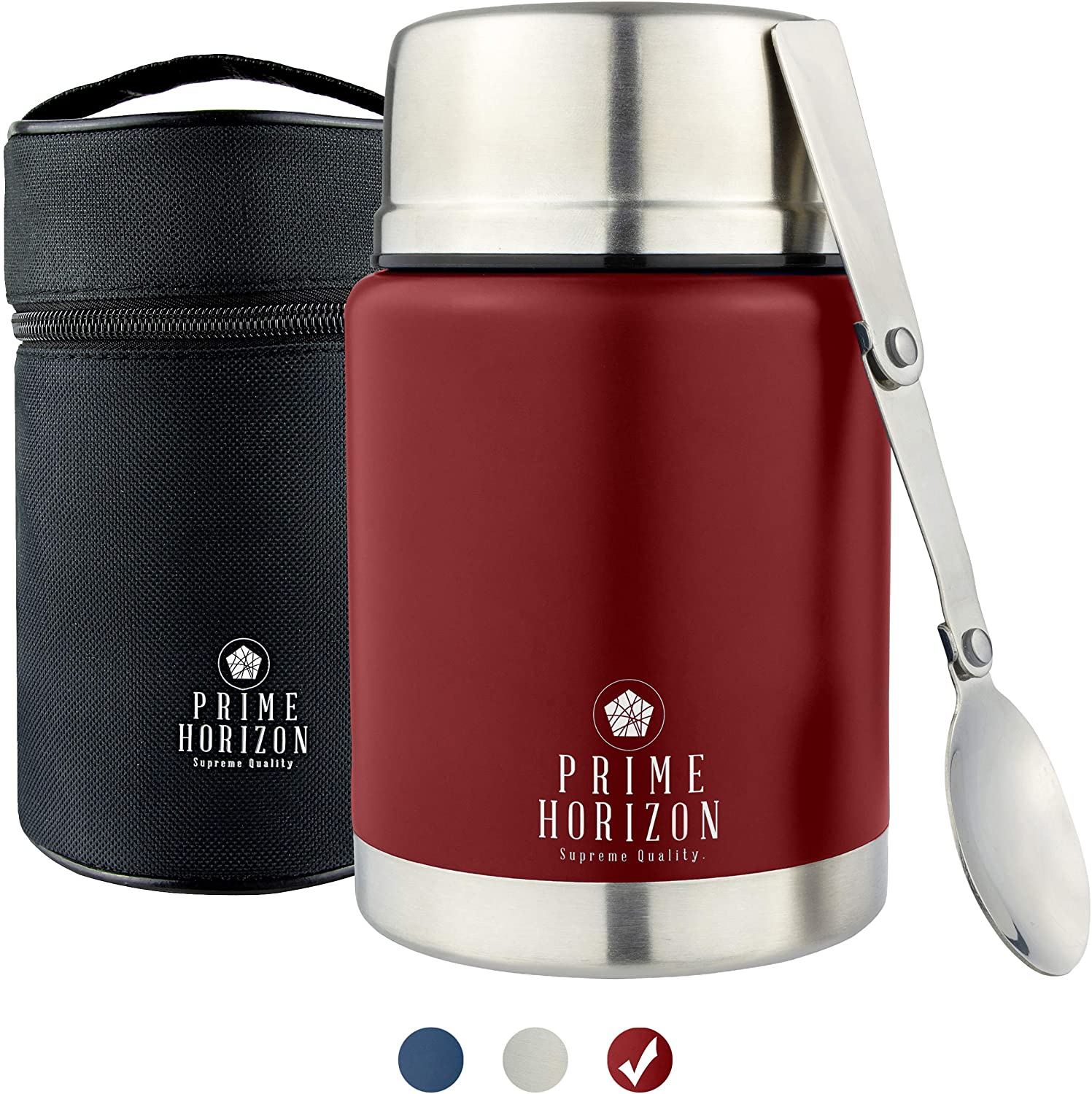 Prime Horizon Food Flask, 500ml Stainless Steel Vacuum Double Wall Jar with Folding Spoon