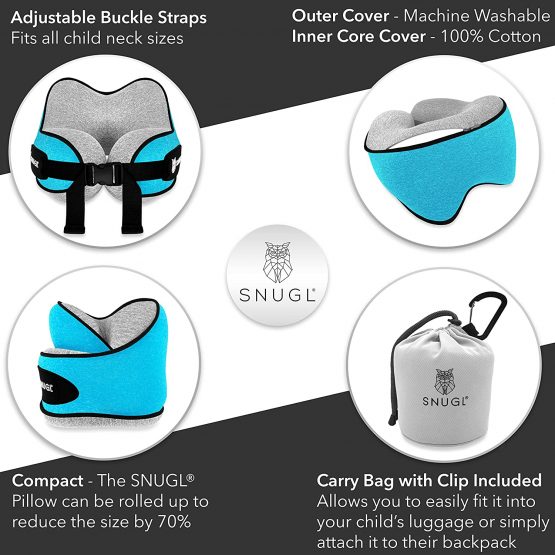 SNUGL Travel Pillow for Kids - Premium Ergonomic Design Memory Foam Cushion - Head, Neck & Chin Support for Airplane, Train or Car - Travel Bag with Carabiner Clip Included (Lilac Purple) - Image 4