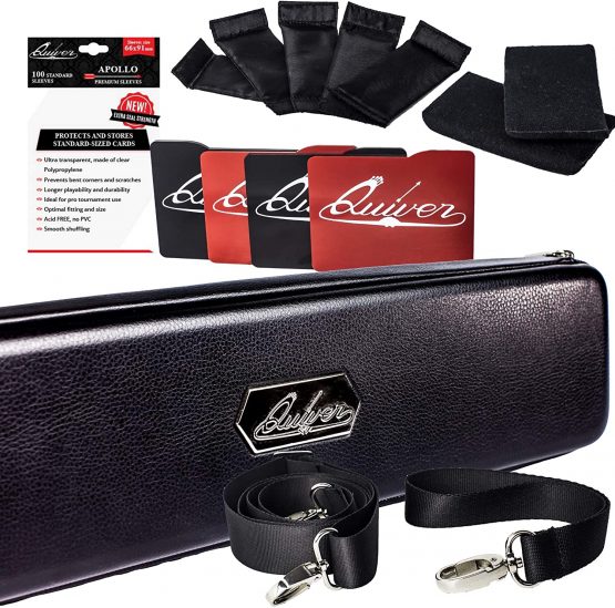 Quiver Time Black Quiver Collector Card Carrying Case - Card/Deck Storage Case with Wrist and Shoulder Strap, Dividers & Separators, Corner Pads + 100 Apollo Card Sleeves - Deck Box Bag Compatible