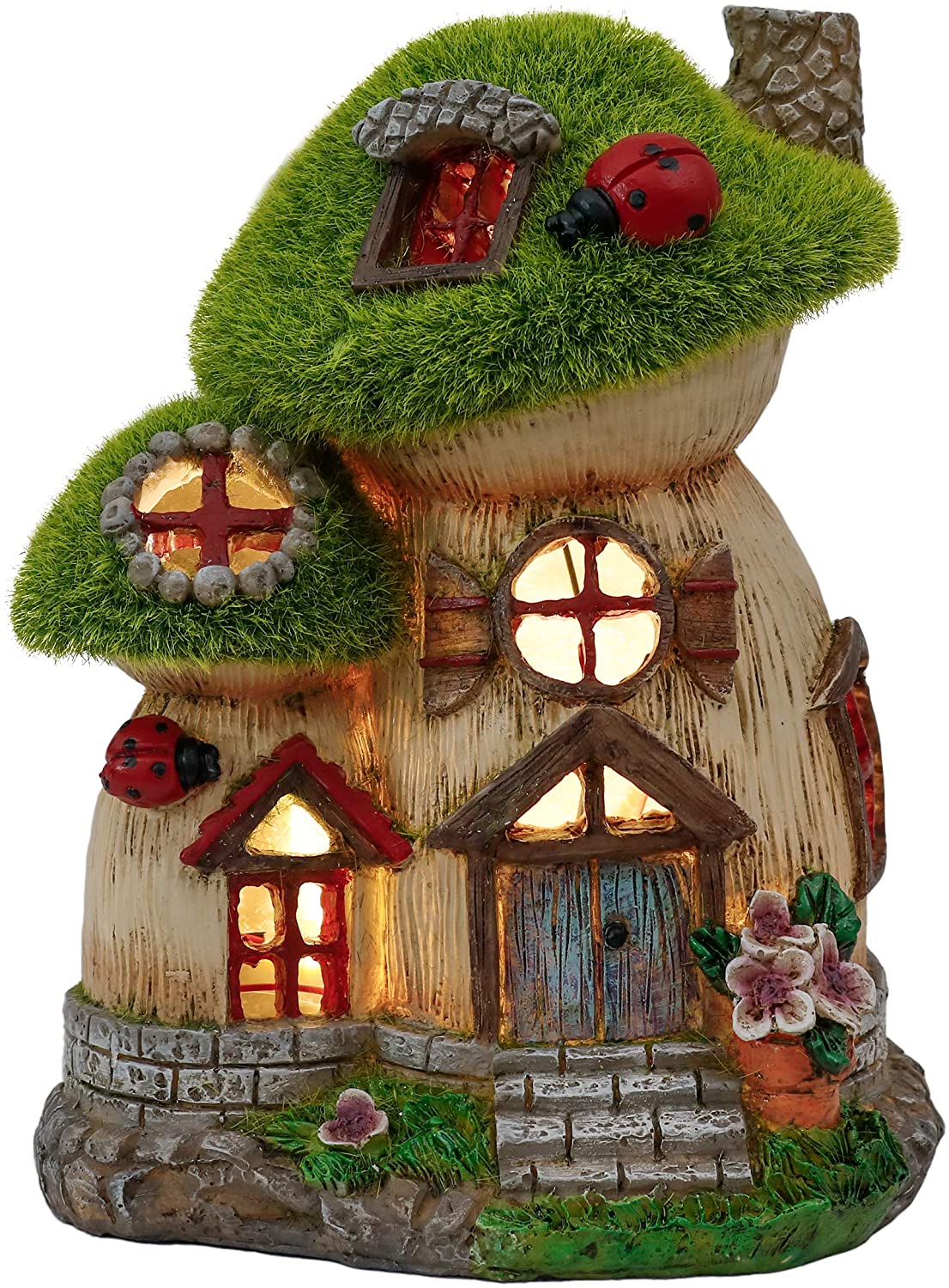 TERESA'S COLLECTIONS Garden Ornaments Outdoor, Green Flocked Solar Fairy House and Ladybugs