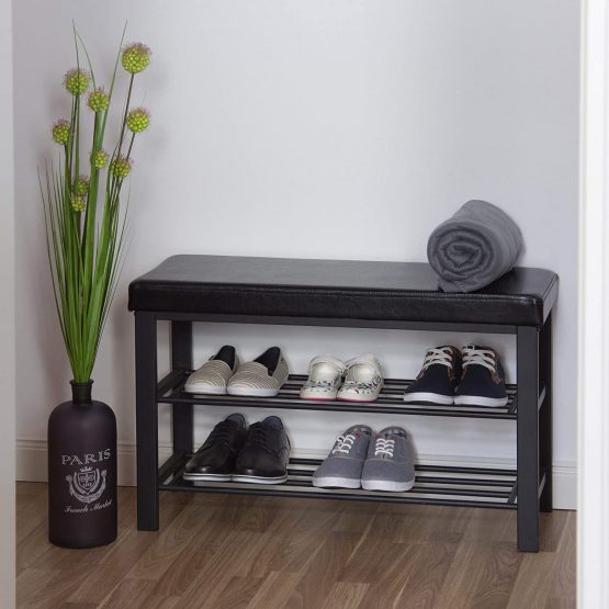 Relaxdays Bench, 49 x 81 x 32 cm Open Shoe Shelves, Padded Seat w/Faux Leather Cover, for 6-8 Pairs, Backless, Black, 32x80x45 cm - Image 2