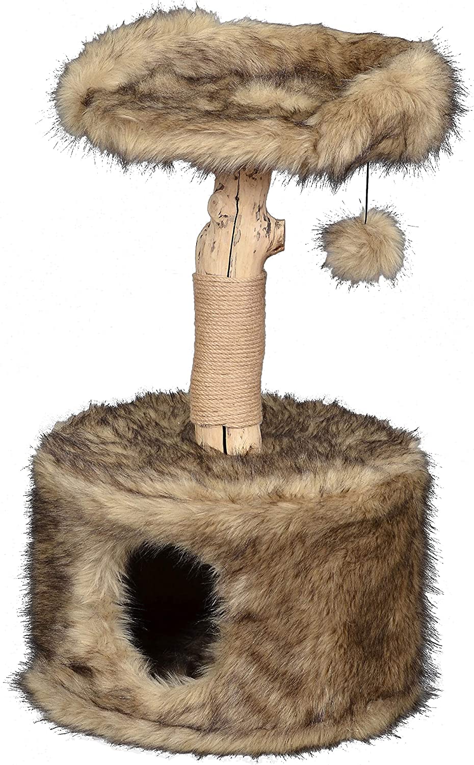 dobar® Ruby 35288FSCe Design Cat Scratching Post Natural Wood Cat Furniture with Play Ball Cat Cave with Plush and Lying Surface Claw Care with Jute Diameter 45 x 78-88 cm Brown