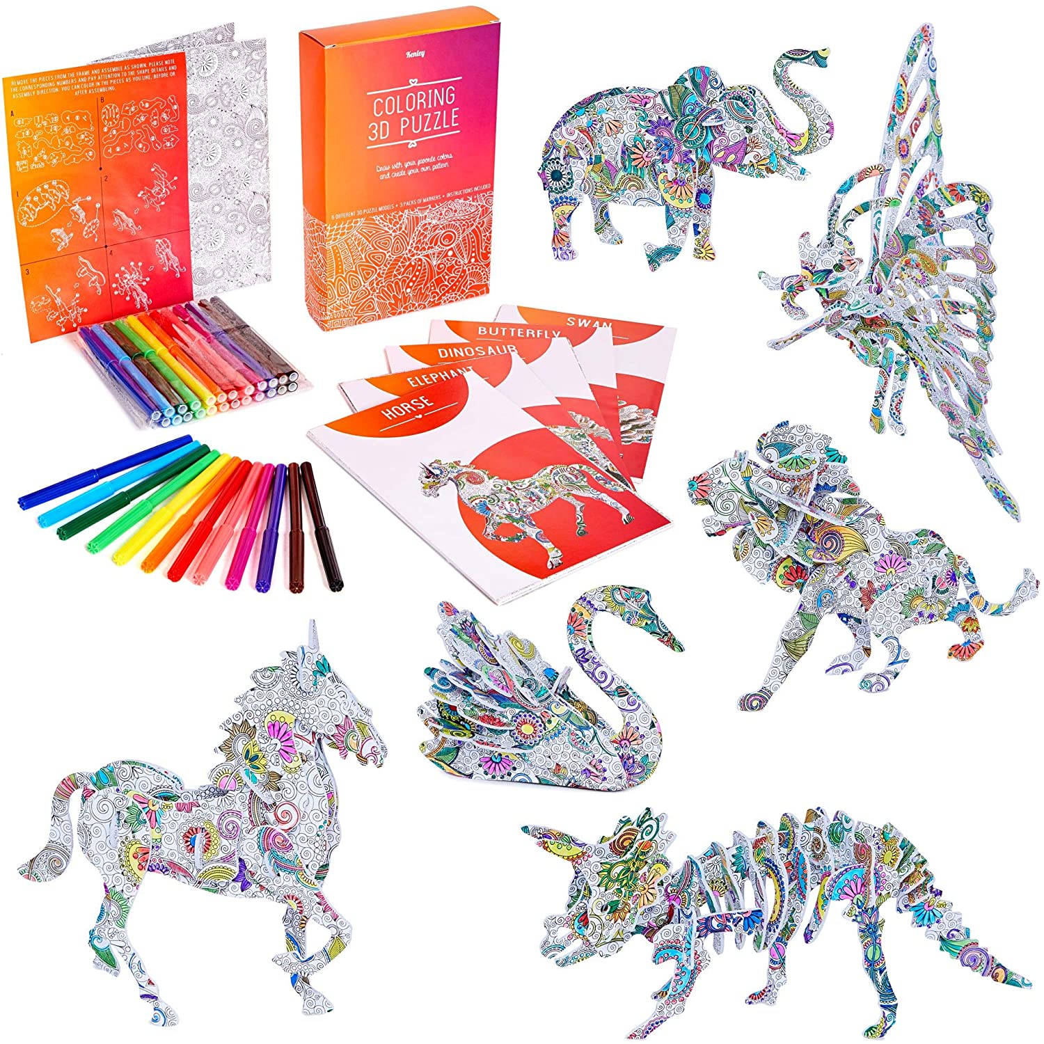3D Puzzle for Kids – Colouring 3D Jigsaw Puzzle Gift Set with 6 Animals – Arts and Crafts Set for Girls and Boys Ages 7 8 9 10 11 12 - Fun Art Creative DIY Project Kit - 6 Pack with Colouring Pens