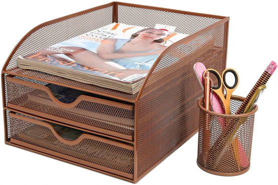 OSCO Rosegold Wiremesh Triple Letter Tray with 2 Drawers - Image 2