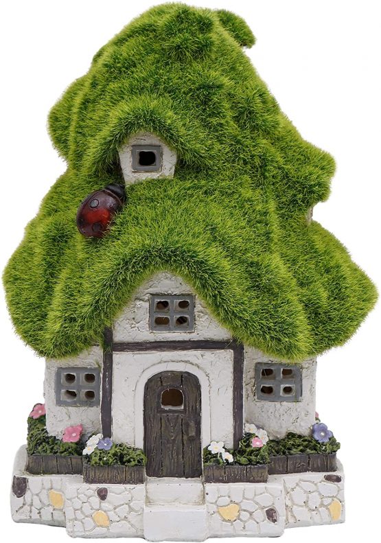 TERESA'S COLLECTIONS Flocked Fairy House Garden Ornaments with Solar Powered Lights, Waterproof Resin Garden Statue Outdoor Cottage Figurines for Patio Lawn Yard Decorations, 20cm