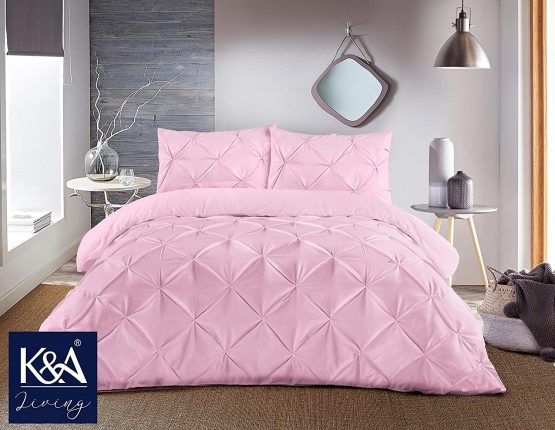K&A Double Bed Pintuck Pinch Pleat Duvet Cover Bedding Set including 2 Pillowcases, Poly-Cotton Blend, Easy Care Machine Washable UK Standard Double, Pink - Image 2