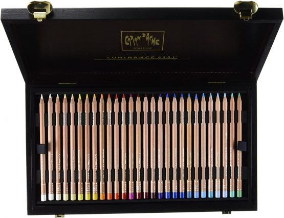Caran Dache Wooden Box with 76 Assorted Colours + 4 Doubled Colours, 2 Full blenders, 1 Grafwood HB and 1 Grafwood 5B - Image 2