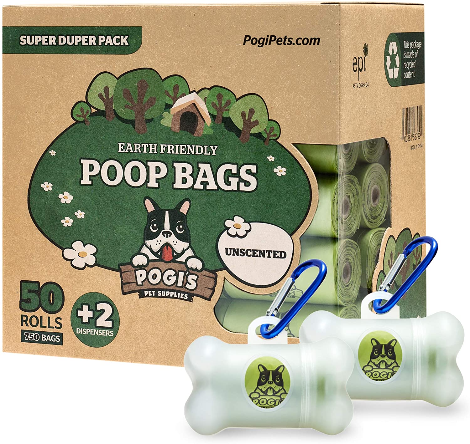 Pogi’s Dog Poo Bags - Leak-Proof & Extra Thick Pet Waste Bags with 2 Holders (Unscented, 50 Rolls, 750-Count)