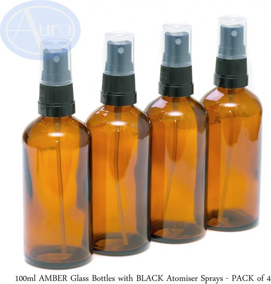 PACK of 4 - 100ml AMBER GLASS Bottles with Black ATOMISER Sprays. Essential Oil / Aromatherapy Use
