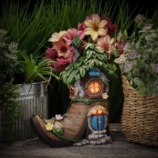 TERESA'S COLLECTIONS Boot Fairy House Garden Ornaments with Solar Powered Lights, Waterproof Resin Garden Statue Outdoor Cottage Figurines for Patio Lawn Yard Decorations, 21.5cm - Image 2