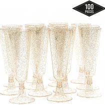 Matana - 100 Premium Multi-Use Plastic Gold Glitter Champagne Flutes - 150ml