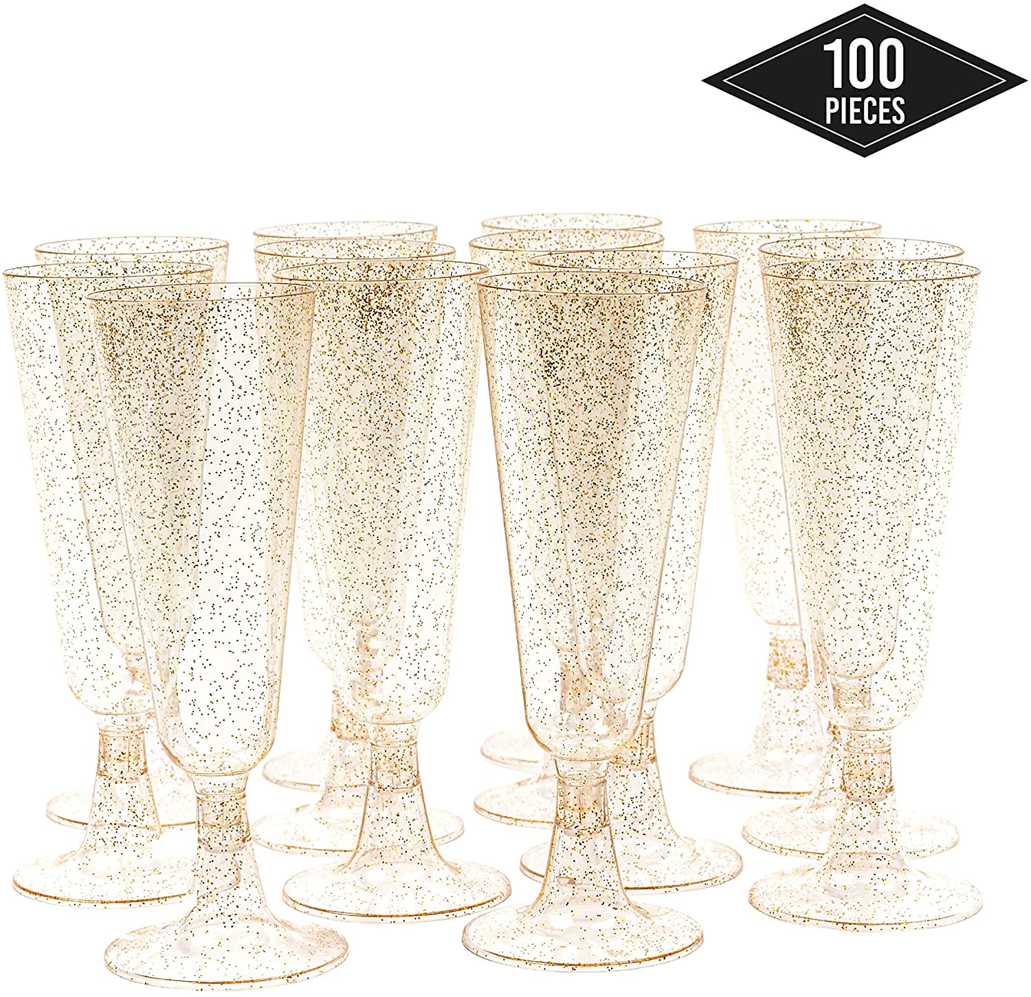 MATANA 100 Premium Elegant Plastic Champagne Flutes with Gold Glitter, 150ml, Reusable Toasting Glasses