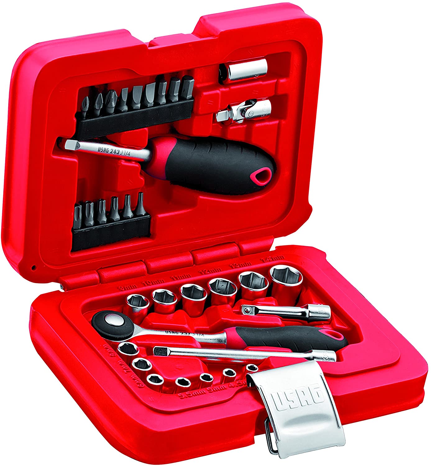 USAG U06010001 - 601 1/4"J34 - Assortment with hexagonal sockets and bits in modular box (34 pcs.), Red