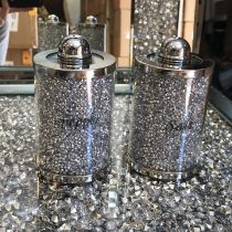 TOV® Diamond Crushed Salt Pepper CANISTERS Jars Storage Silver Trimmings Crystal Filled