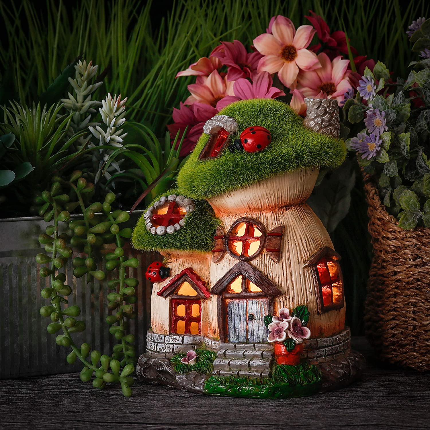 TERESA'S COLLECTIONS Garden Ornaments Outdoor, Green Flocked Solar Fairy House and Ladybugs - Image 2