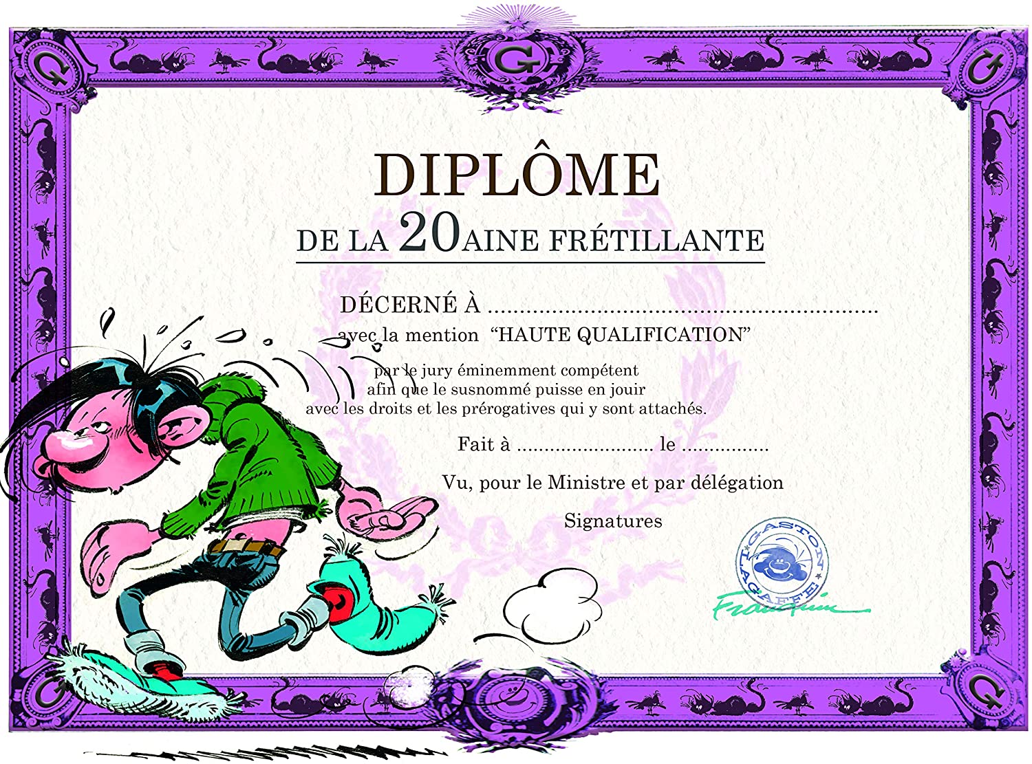 Gaston Lagaffe 20th Diploma Happy Birthday Card - Running Sport Running Jogging Shape Physical Activity Good Health