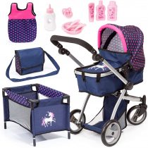 Bayer Design 18354AC Huge pram Jogger Sport, Dolls Stroller, Height Adjustable, Mega Set with Lots of Accessories, Travel Bed, Shoulder Bag and Much More