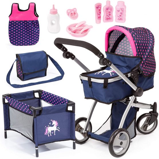 Bayer Design 18354AC Huge pram Jogger Sport, Dolls Stroller, Height Adjustable, Mega Set with Lots of Accessories, Travel Bed, Shoulder Bag and Much More