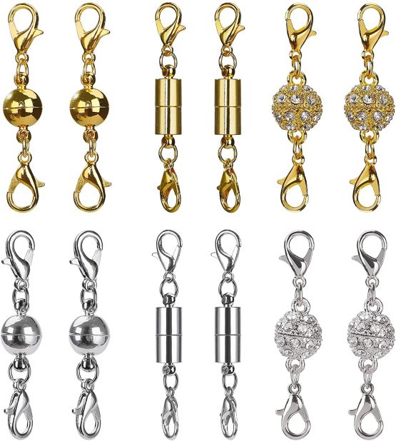 Magnetic Jewelry Clasps Magnetic Lobster Clasps for Necklace Bracelet Jewelry Making Rhinestone Ball Style, Cylindrical and Ball Tone (Gold and Silver) 12 Pieces