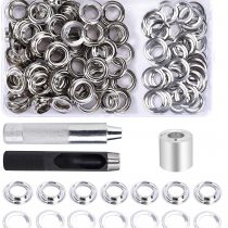 Grommet Kit 100 Sets 1/2 Inch Grommet Eyelets with 3 Grommet Setting Tool and Storage Box for Tarpaulin Fabric Craft Making Silver
