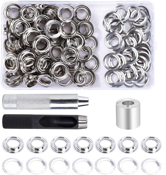 Grommet Kit 100 Sets 1/2 Inch Grommet Eyelets with 3 Grommet Setting Tool and Storage Box for Tarpaulin Fabric Craft Making Silver