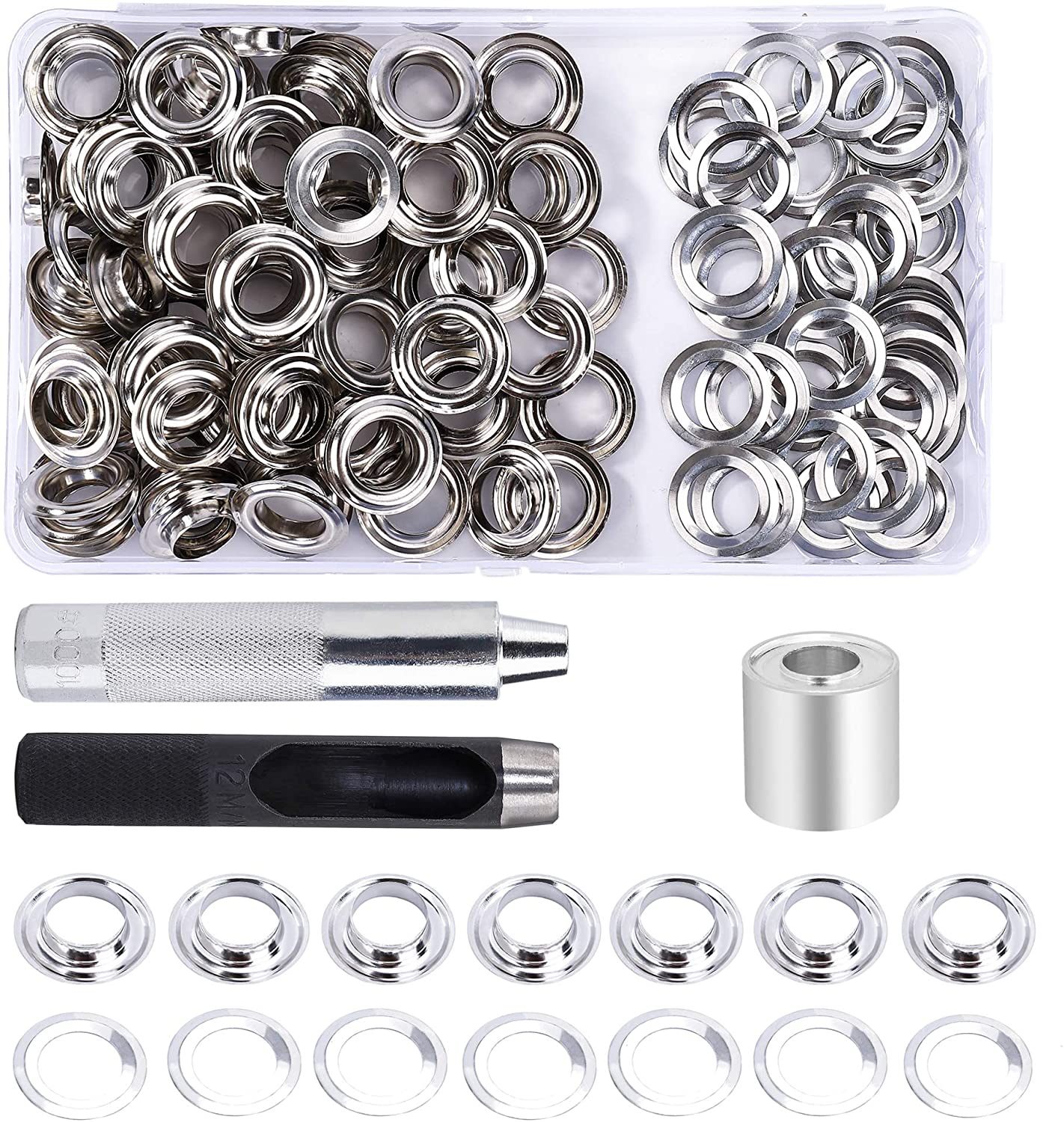 Grommet Tool Kit 100 Sets 1/2 Inch, Grommets Eyelets with 3 Pieces  Installation