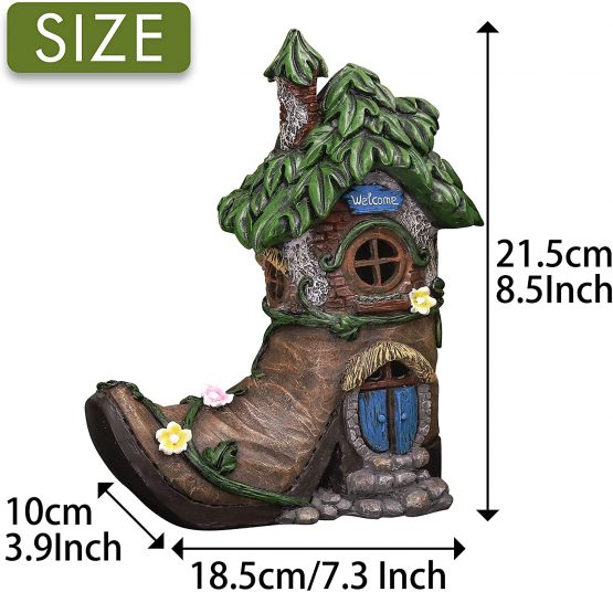 TERESA'S COLLECTIONS Boot Fairy House Garden Ornaments with Solar Powered Lights, Waterproof Resin Garden Statue Outdoor Cottage Figurines for Patio Lawn Yard Decorations, 21.5cm - Image 3