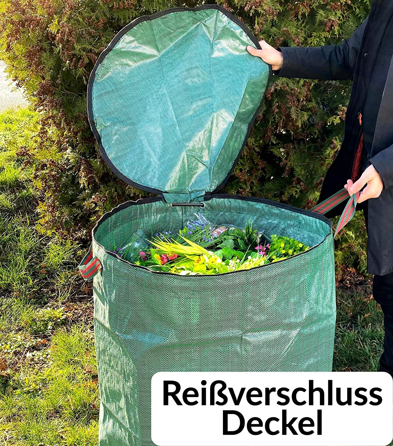 Praknu 2 x Garden Waste Bags with handles & Lid 500L, Reusable Heavy Duty Garden Sacks - Image 2